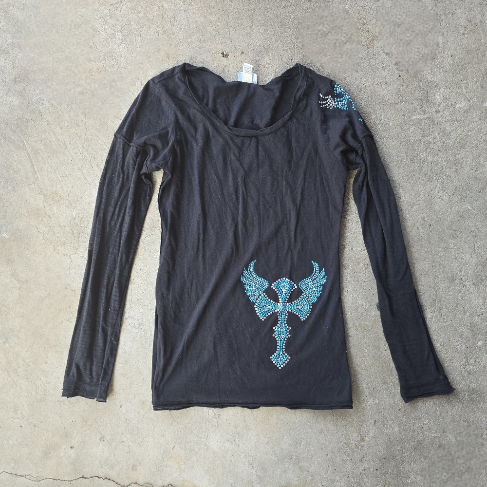 vtg y2k mcbling rhinestone gem Grunge cyber cross long sleeve top